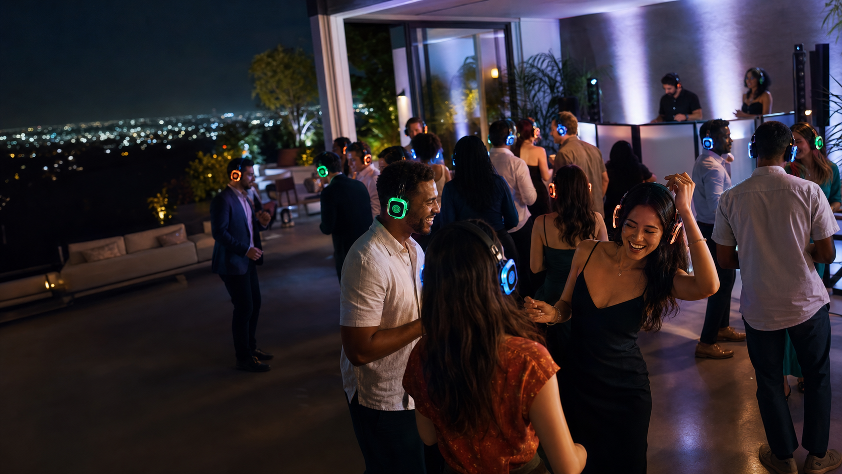 Guests dancing with illuminated silent disco headphones at a nighttime event