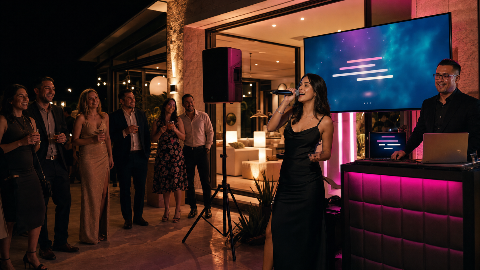A guest singing karaoke with a wireless microphone and large lyric display