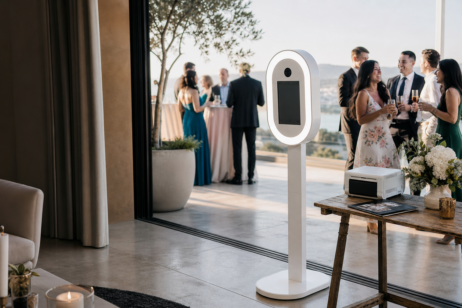 A modern white open air photo booth at an evening event