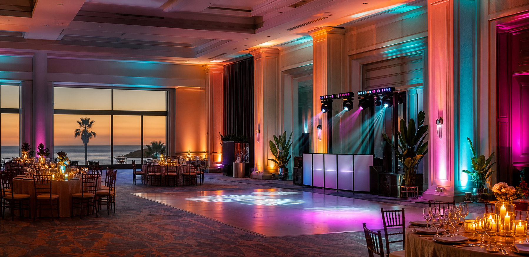 A coastal ballroom with architectural uplighting and dance floor lighting